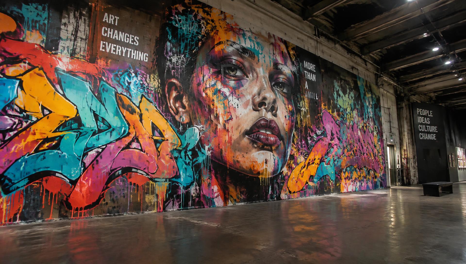 Immense fresque colorée dans un espace de street art
