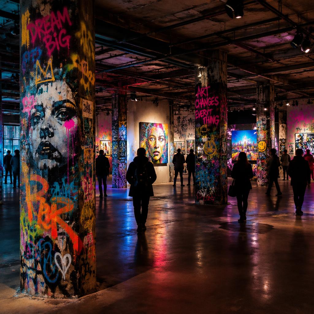 Espace d'art urbain traversé par les visiteurs